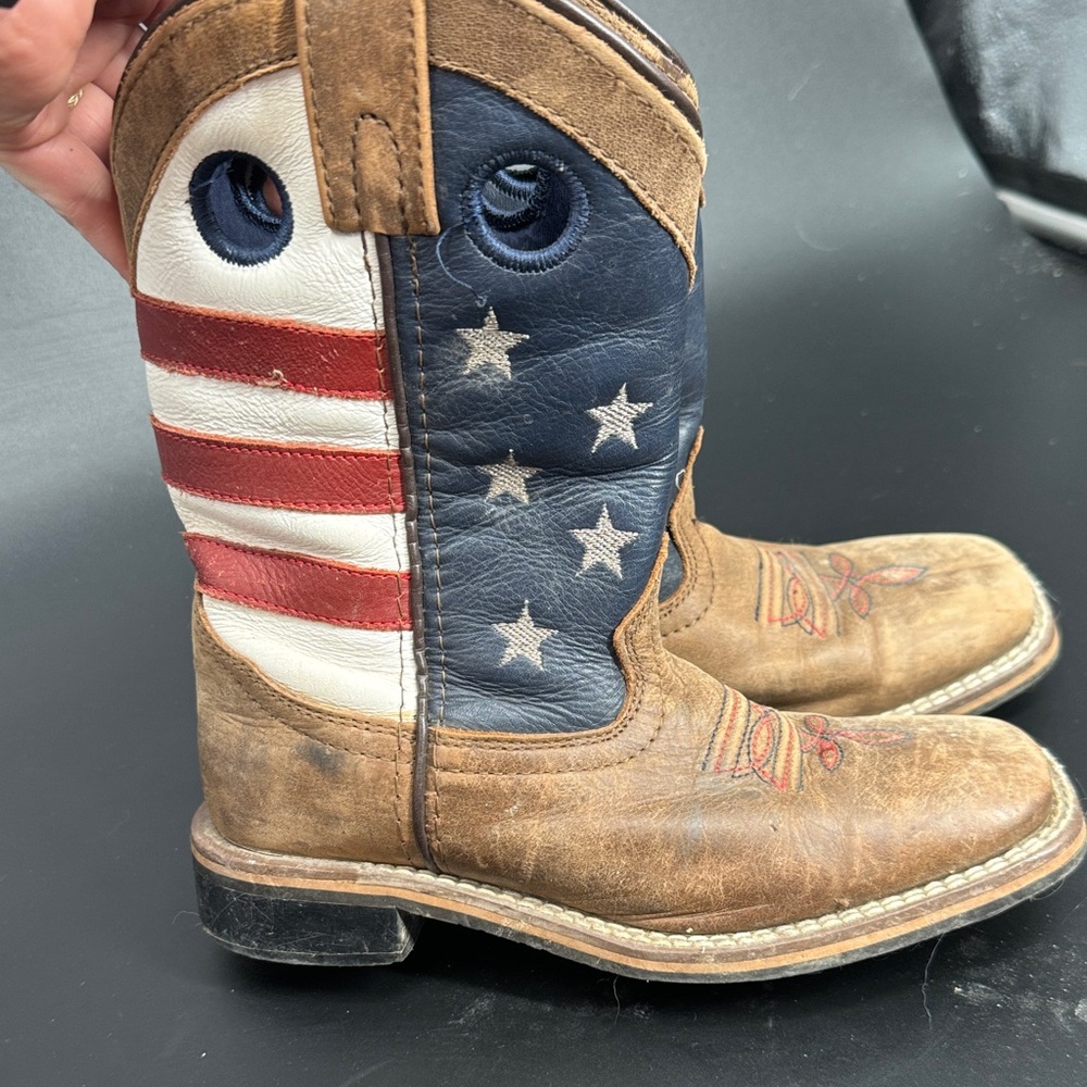 Kids Tan Leather Cowboy Boots with American Flag Accent